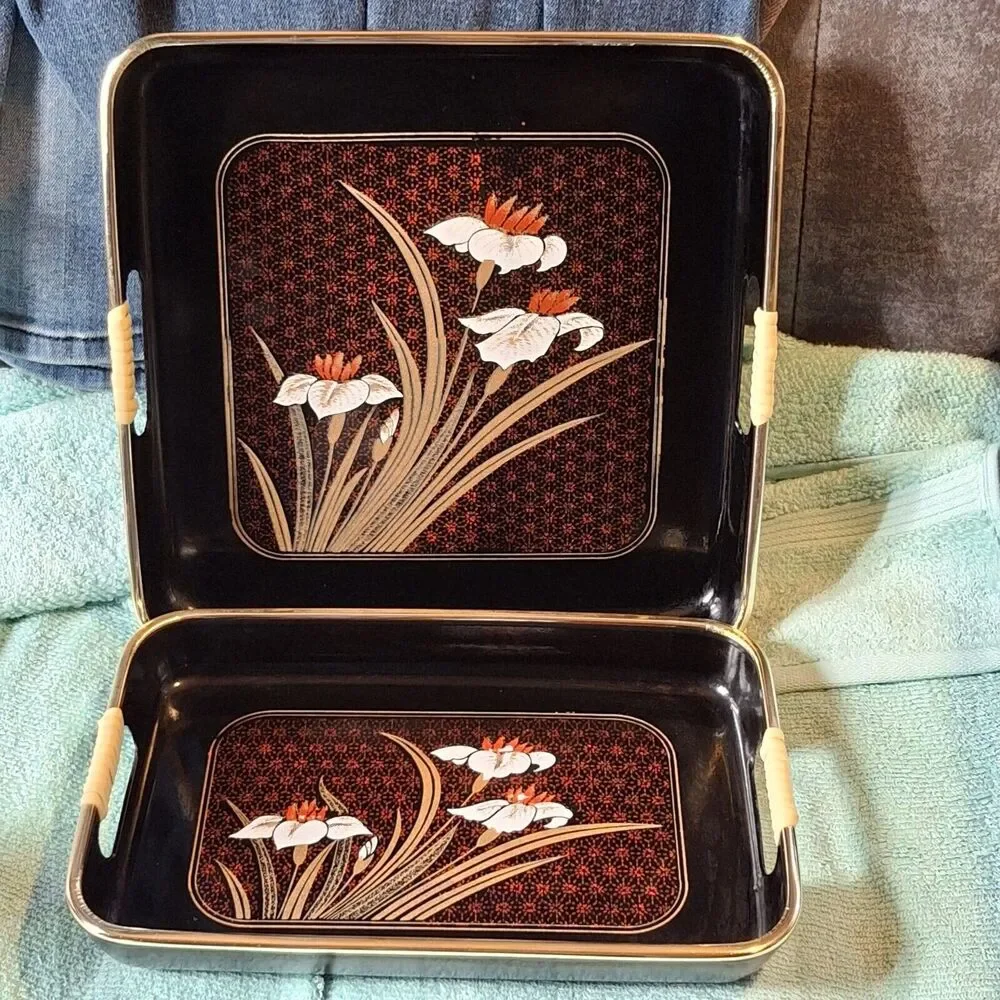 Lacquerware Tray Set Painted Shikki Ware 3 Piece Nesting Barware Serving Trays